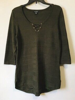 VTG Y2K le chateau Olive Green Corset Lace Up Collar Knit Barred Sweater XXL